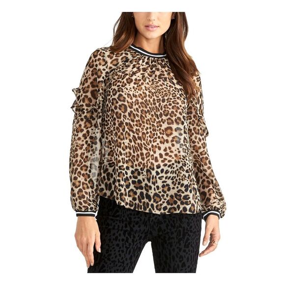 RACHEL ROY Tops - RACHEL ROY Womens Black Ruffled Animal Print Long Sleeve Jewel Neck Top 0